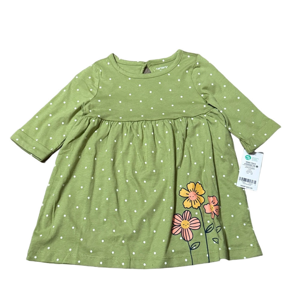 Carter’s Green Polka Dot Dress with Floral Design Cotton Girls 18 Months